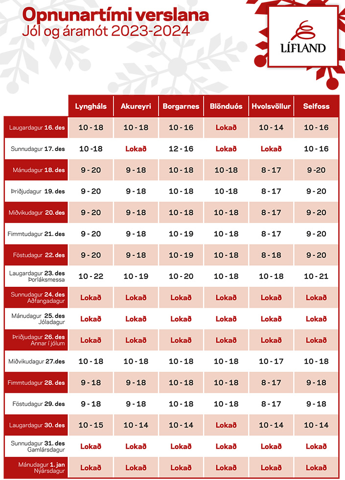 Opnunartmar Lflands yfir jl og ramt 2023-2024